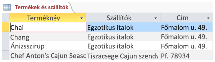 Képernyőrészlet a termékek és a szállítók adatairól