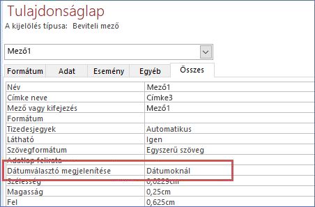Dátumválasztó tulajdonság megjelenítése az űrlap tulajdonságlapján