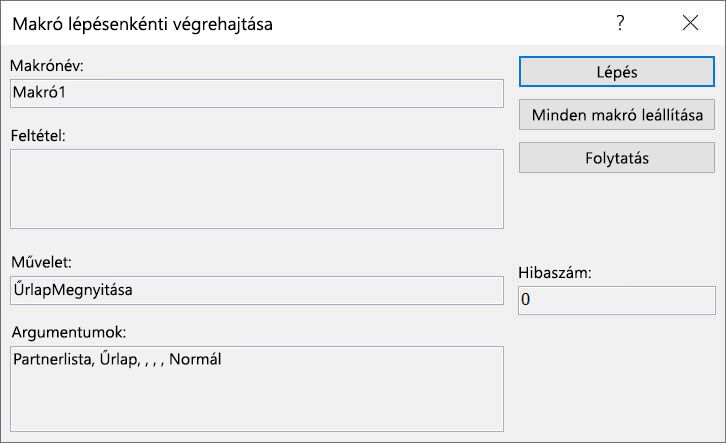 A Makró lépésenkénti végrehajtása párbeszédpanel.