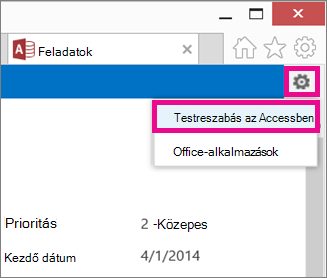 A Beállítások menü Testreszabás az Accessben parancsa