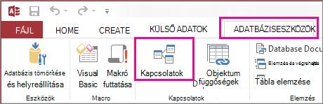 Az Adatbáziseszközök lap Kapcsolatok gombja