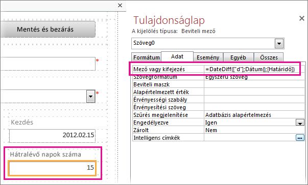 A DateDiff függvény beírása egy beviteli mező tulajdonságlapján a Mező vagy kifejezés mezőbe