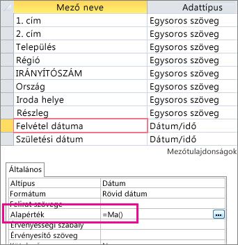 Dátum/idő típusú mező alapértelmezett értékének beállítása egy Access-táblában