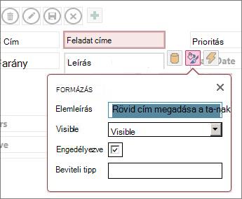 Nézet szerkesztőmódban egy szövegmező formázási beállításaival