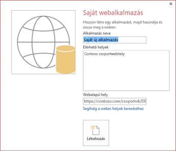 Az új egyéni webalkalmazás létrehozására szolgáló párbeszédpanel, mely a Contoso csoportwebhelyet mutatja az Elérhető helyek mezőben.