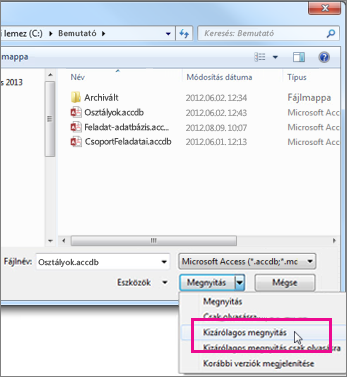 A Megnyitás párbeszédpanelen lévő Megnyitás gomb legördülő menüjének Kizárólagos megnyitás parancsa.