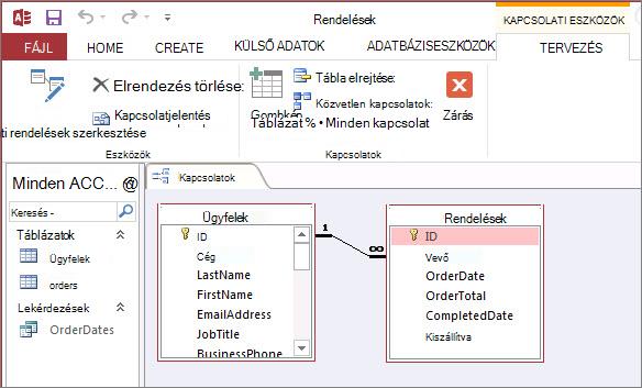 Az Access Kapcsolatok ablaka