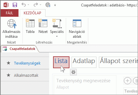Nézet kiválasztása az Accessben.