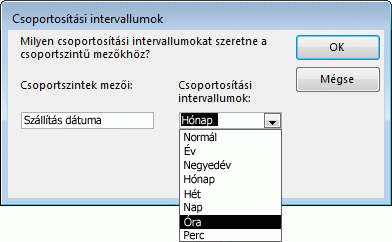 Csoportosítási intervallumok a Jelentés varázslóban