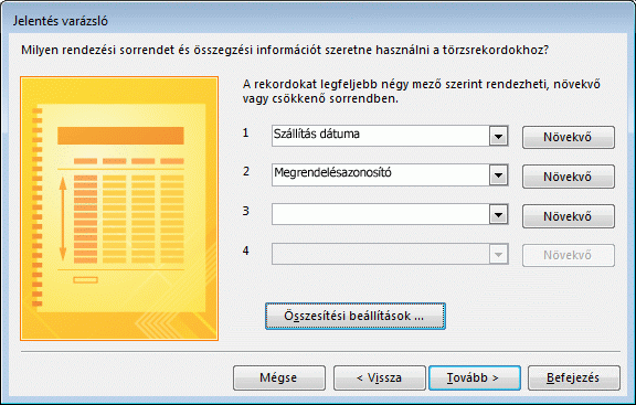 Rendelések rendezése a Jelentés varázslóban