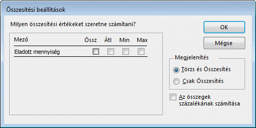 Összesítési beállítások a Jelentés varázslóban