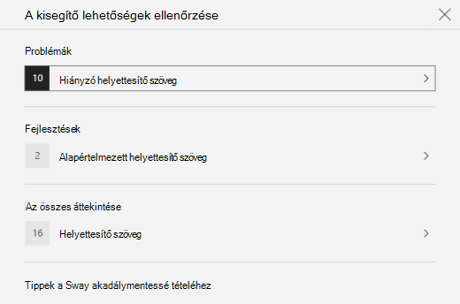 Az Akadálymentesség-ellenőrző ablaktábla, amelyen láthatók a helyettesítő szöveggel kapcsolatos problémák a Swayben.