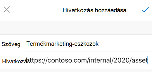 Hivatkozás hozzáadása párbeszédpanel az iOS Outlookban