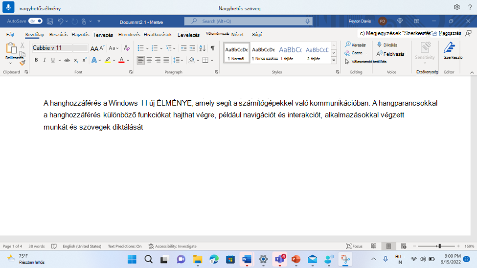 Word-dokumentum a hanghozzáférés parancsával Nagybetűs.