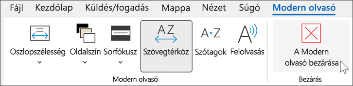 Modern olvasó eszköz az Outlookban, miközben a kurzor a bezárás fölé mutat