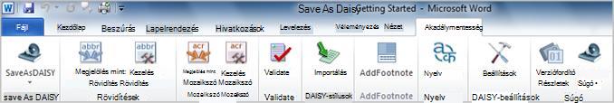 A Save as DAISY bővítményhez tartozó Accessibility menüszalaglap