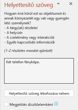 A helyettesítő szöveg panelen egy rossz helyettesítő szöveg látható.