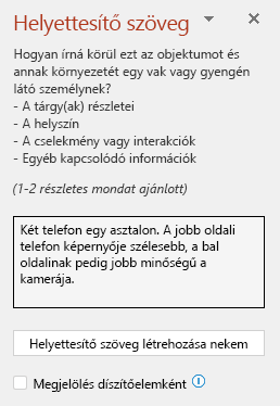 A helyettesítő szöveg panelen egy jó helyettesítő szöveg látható