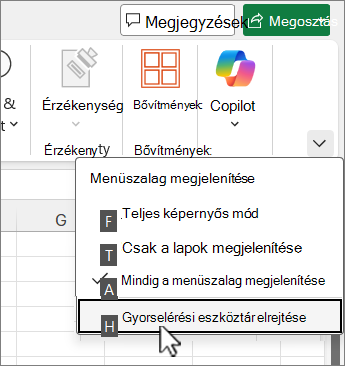 A gyorselérési eszköztár elrejtésére szolgáló billentyűparancs
