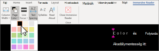 A Modern olvasó oldalszín menüje a Word-ben.