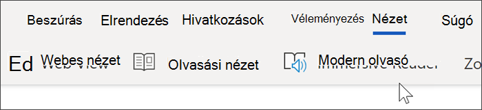 A Word Online felső navigációs sávjának képernyőképe, a nézet ki van jelölve, és a kurzor a modern olvasó fölé mutat