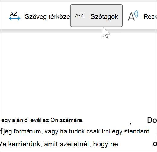 Képernyőkép a modern olvasó kijelölt Szótag funkciójáról, amelyen néhány szó látható egy e-mailben, szótagokra bontva. a szójavaslat a következőképpen jelenik meg: rec dot om dot men dot da dot tion