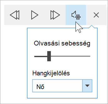 a Modern olvasó hangbeállítási eszköztárának képernyőképe. Az egérmutató a beállítások fölé mutat, és megjelenik az olvasási sebesség kapcsolója és a hang kiválasztására szolgáló legördülő menü