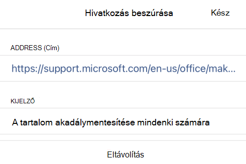 Az iOS OneNote Hivatkozás beszúrása párbeszédpanelje a hivatkozás megjelenítendő szövegével A tartalom és a hivatkozás URL-címének akadálymentesítése mindenki számára.