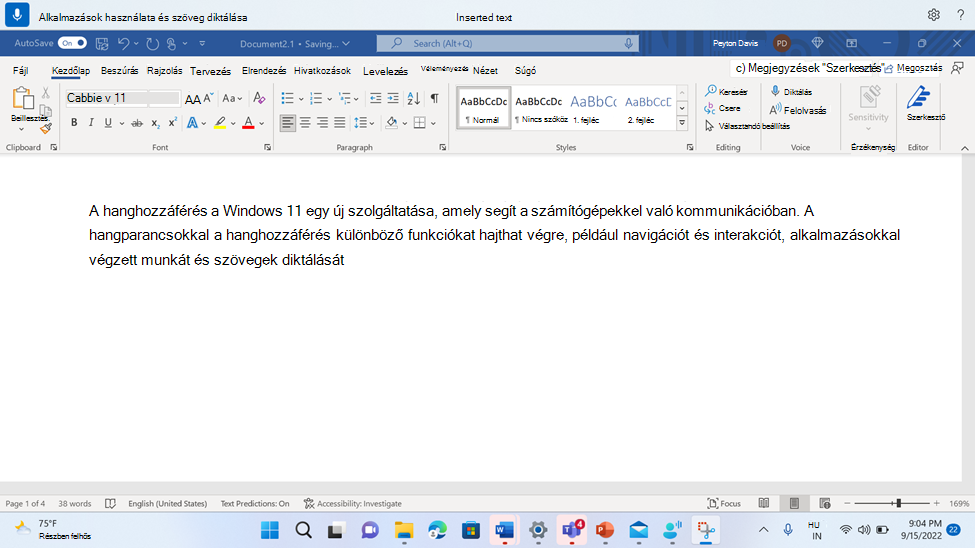 Word-dokumentum a szöveg beszúrására szolgáló hanghozzáférési paranccsal.
