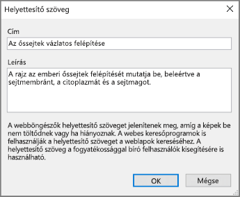 Képernyőkép a Helyettesítő szöveg párbeszédpanelről a OneNote-ban a példákat tartalmazó Cím és Leírás mezővel.