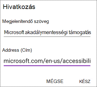 A Hivatkozás hozzáadása párbeszédpanel az Android OneNote-ban