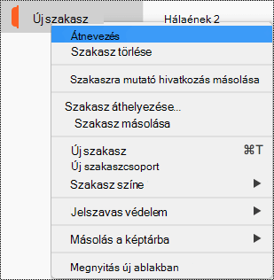 A Szakasz helyi menü kiemelt Szakasz átnevezése paranccsal