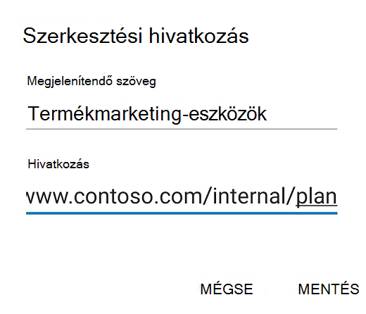 Az Android Outlook Hivatkozás szerkesztése párbeszédpanelje