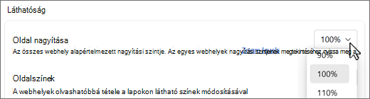 Képernyőkép az oldal nagyítási szintjei legördülő menüjéből.