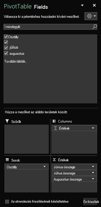 A kijelölt táblamezőket megjelenítő Kimutatásmezők ablaktábla a Windows Excel programban.