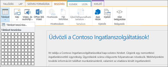 Képernyőkép a SharePoint Online menüszalagjáról. Válassza a Beszúrás lapot, majd a Táblázat beszúrása lehetőséget az új táblázat sorainak és oszlopainak számának megadásához.