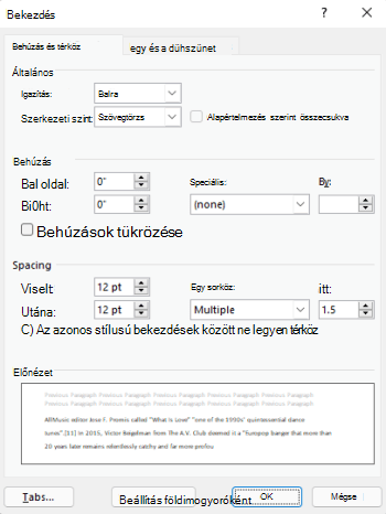 A Bekezdés párbeszédpanel az Outlookban.
