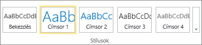Képernyőkép a SharePoint Online menüszalagjának Stílusok csoportjáról, ahol a Címsor 1 stílus van kiválasztva