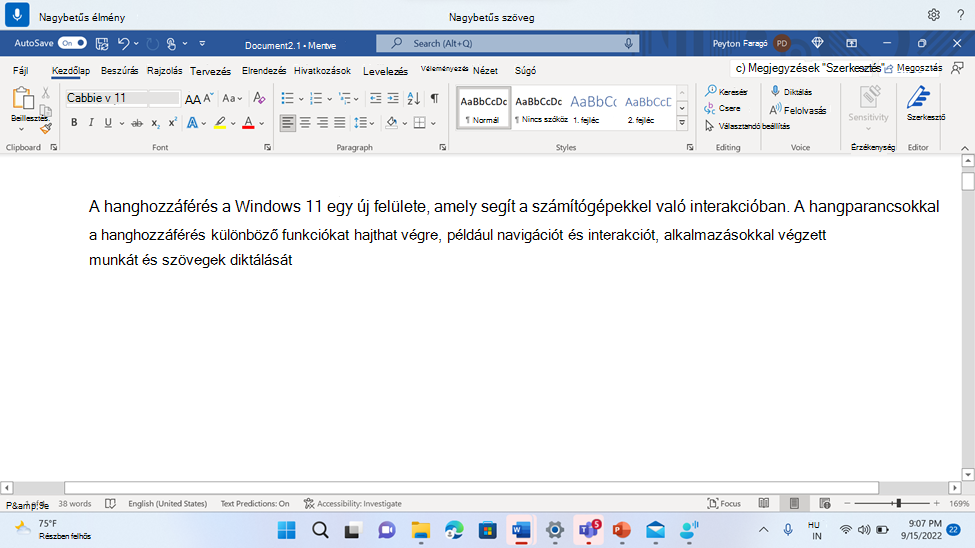 Word-dokumentum a hanghozzáférés parancsával Nagybetűs.