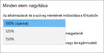 A Windows Megjelenítési beállítások lapja a Könnyű kezelés beállításai lapon látható Minden elem nagyobb lehetőséggel, amelyben a legördülő menü ki van bontva.