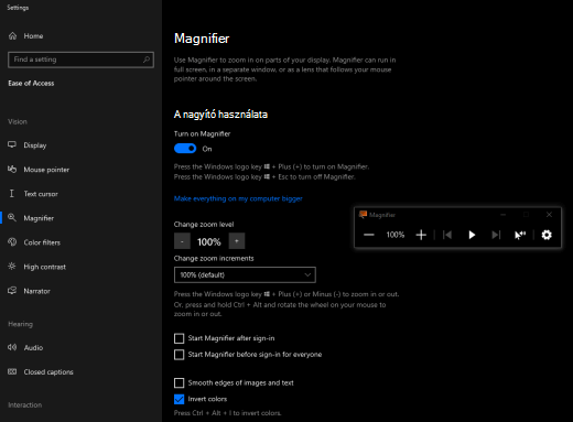 A képernyő színei megfordítva, bekapcsolt Nagyítóval a Windowsban.