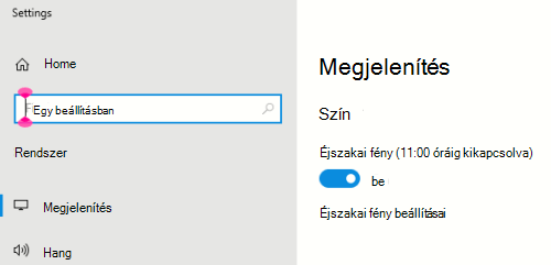 A Windows éjszakai fény beállítás a kijelző beállításai között van kiválasztva.