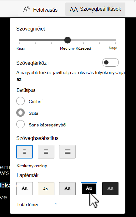 A Modern olvasó szövegbeállításainak beállításai a Word alkalmazásban