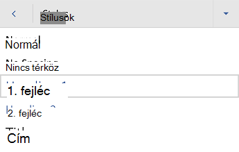 Az Android Word címsorstílusok menüje