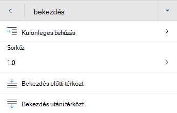 Az Android Word bekezdésformázási menüje