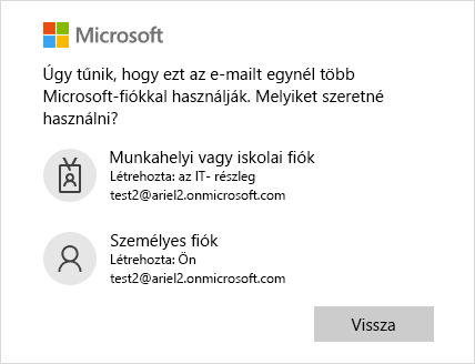 Bejelentkezési képernyő két e-mail-címmel
