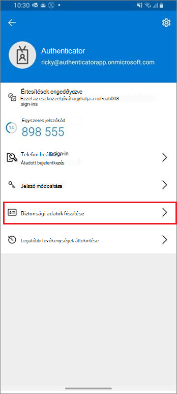 Munkahelyi vagy iskolai fiók kezdőlapja, kiemelt Biztonsági adatok frissítése hivatkozással