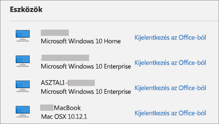 A Windows- és Mac eszközök és a Kijelentkezés az Office-ból hivatkozás az account.Microsoft.com webhelyen