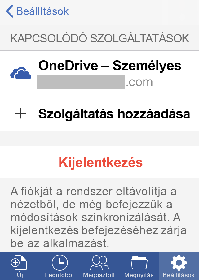 A Kijelentkezés elem az iOS Office-ban