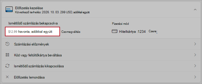 Képernyőkép az ismétlődő számlázási lehetőségek csomagváltási lehetőségéről.